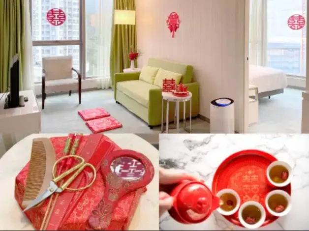 Collage with multiple features of the Wedding Room package.